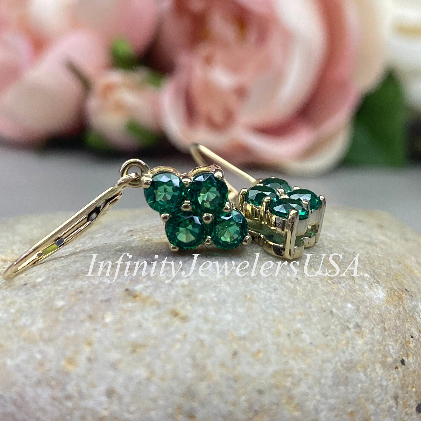 Emerald Dangle Earrings, Family Birthstone Earrings, 14k Yellow Gold, Emerald Earrings, May Birthstone, Leaver Back Earrings   #6873