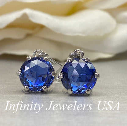 Sapphire Round Drop Earrings, Rose Cut Blue Sapphire Dangle Earrings, September Birthstone, 14K White Gold Leaver Backs #6774