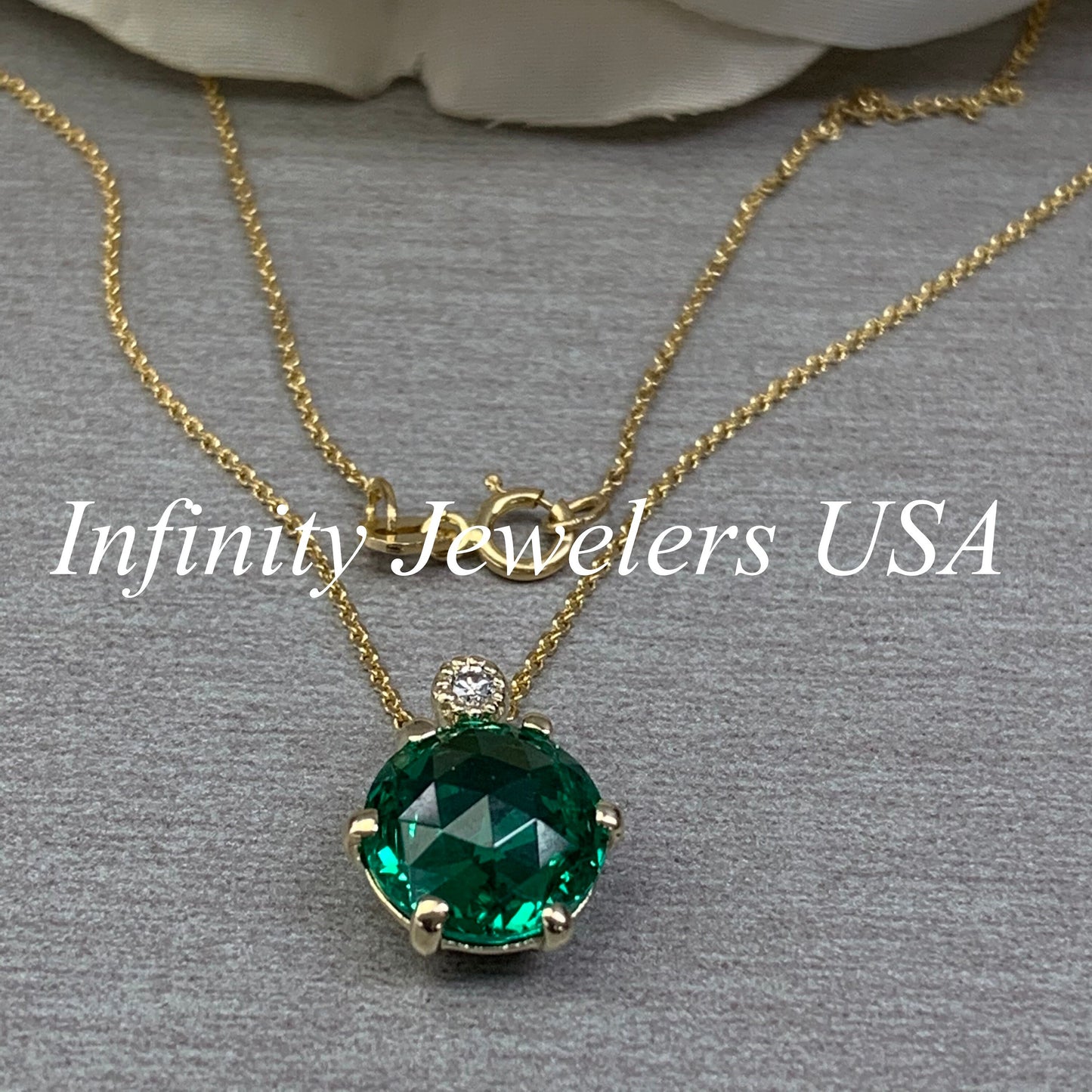 Round Emerald and Diamond Pendant Necklace 14k Solid Gold, Dainty Layering Minimalist Emerald Green Stacking Pendant Necklace May Birthstone