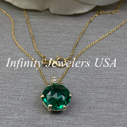 Round Emerald and Diamond Pendant Necklace 14k Solid Gold, Dainty Layering Minimalist Emerald Green Stacking Pendant Necklace May Birthstone