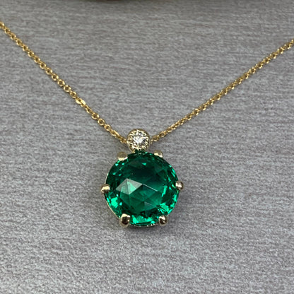 Round Emerald and Diamond Pendant Necklace 14k Solid Gold, Dainty Layering Minimalist Emerald Green Stacking Pendant Necklace May Birthstone