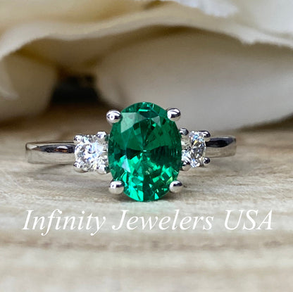 Emerald Engagement Ring White Gold, Oval Emerald and Moissanite Engagement Ring , Emerald Green Ring Unique Oval Wedding Promise Ring #6776