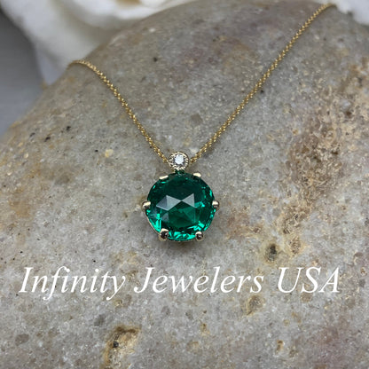 Round Emerald and Diamond Pendant Necklace 14k Solid Gold, Dainty Layering Minimalist Emerald Green Stacking Pendant Necklace May Birthstone