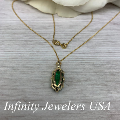 Emerald Pendant, Vintage Style Necklace, Elongated Oval Pendant, Rose Cut Emerald Necklace, Diamond Pendant, 14K Yellow Gold #6913