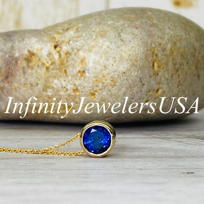 Blue Sapphire Necklace 14K Solid Gold, Floating Charm Necklace For Ladies, Bezel Set Blue Sapphire Pendant Necklace, Dainty Necklace