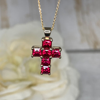 Cross Necklace With Ruby Stone For Girls, Ruby Cross Necklace 14K Solid Yellow Gold, Gold Cross Necklace For Women, Cross Pendant