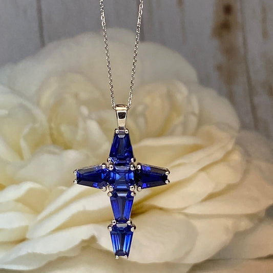 Gold Cross Necklace Women 14K Solid White Gold, Blue Sapphire Cross Pendant Necklace, Birthstone Cross Necklace, Religious Jewelry, #7035