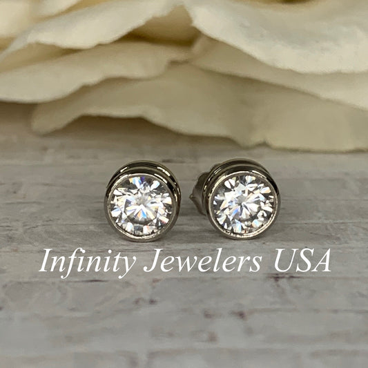 Moissanite Diamond Stud Earrings 14K White Gold, Round Bezel Earrings, Gold Stud Earrings Unisex, 2.00 ctw Stud Earrings, #7038