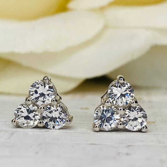 Triangle Moissanite earrings 14K White Gold, Gold Earrings Triangle Gem, Three Stone Stud Earrings, Triangle Stud Earrings,   #5662