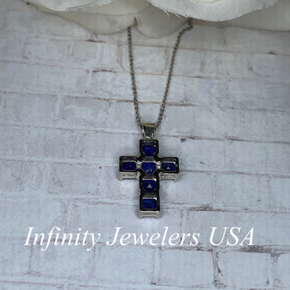 Cross Necklace With Blue Sapphire Stone For Girls, Sapphire Necklace, 14K White Gold, Gold Cross Necklace For Women, Cross Pendant