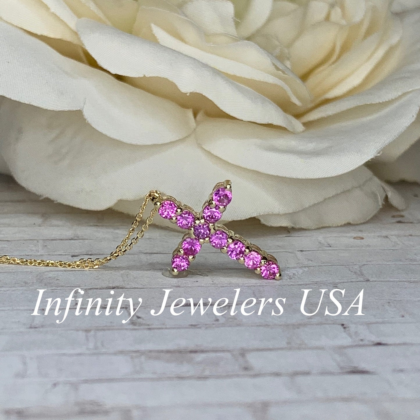 Cross Necklace With Sapphire Stones For Girls, Pink Sapphire Cross Necklace 14K Solid Gold, Pink Sapphire Cross Pendant Gift for Girls