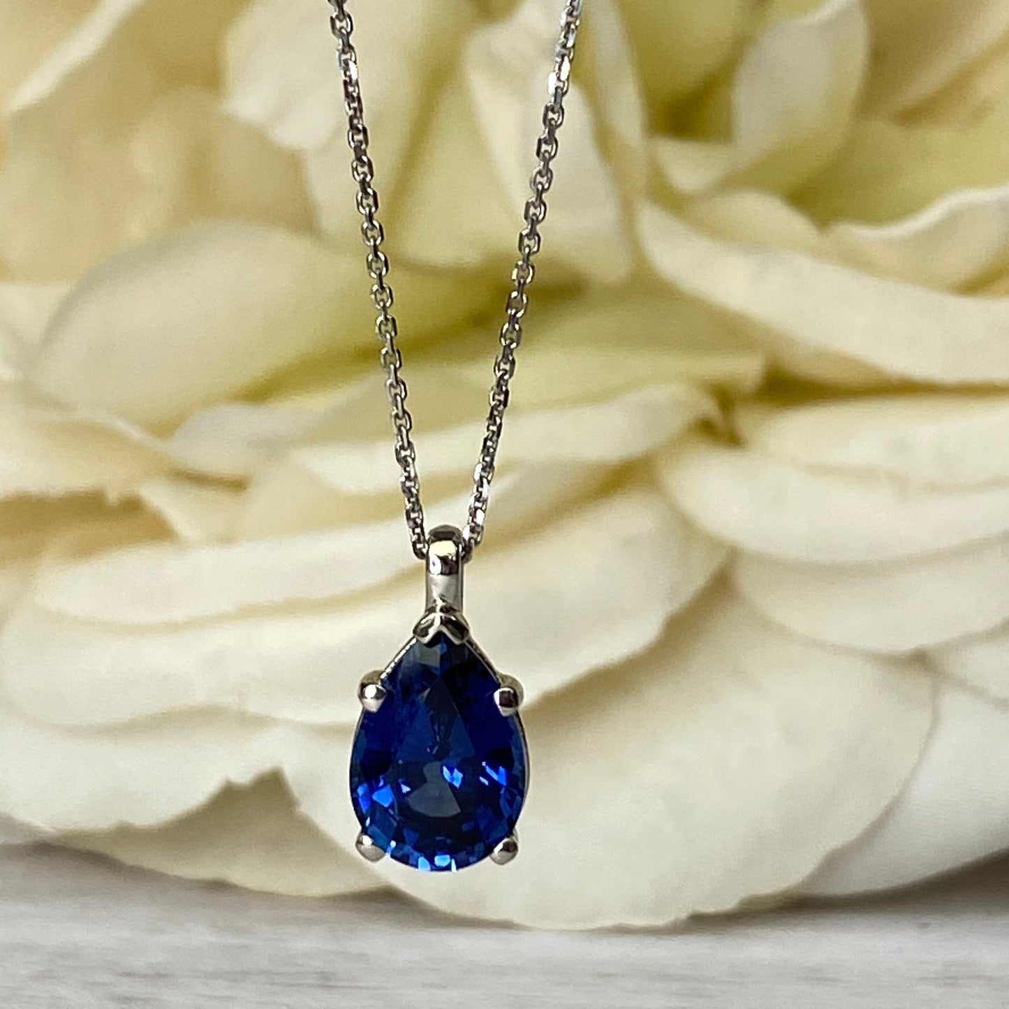 Blue Sapphire Necklace 14K White Gold, Pear Shape Blue Sapphire Pendant Necklace For Ladies, Layering September Birthstone Jewelry