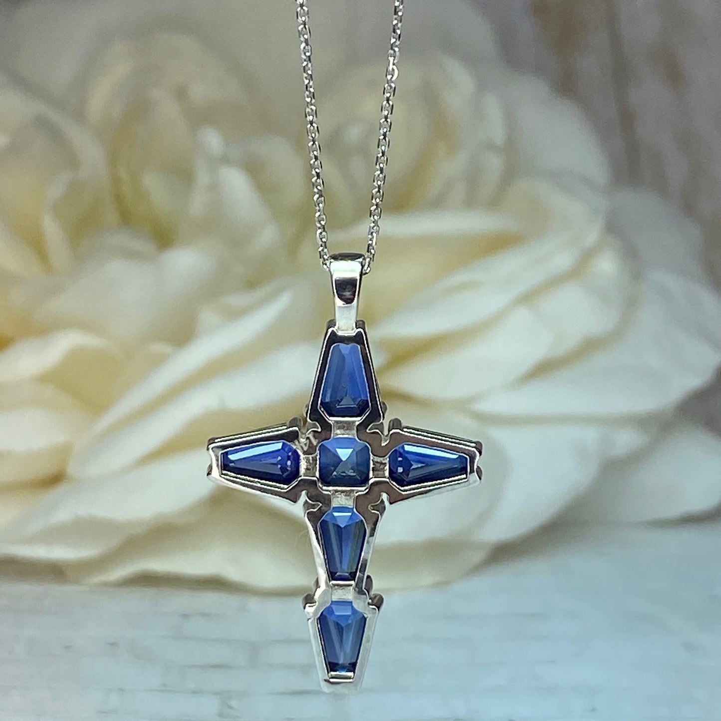 Gold Cross Necklace Women 14K Solid White Gold, Blue Sapphire Cross Pendant Necklace, Birthstone Cross Necklace, Religious Jewelry, #7035