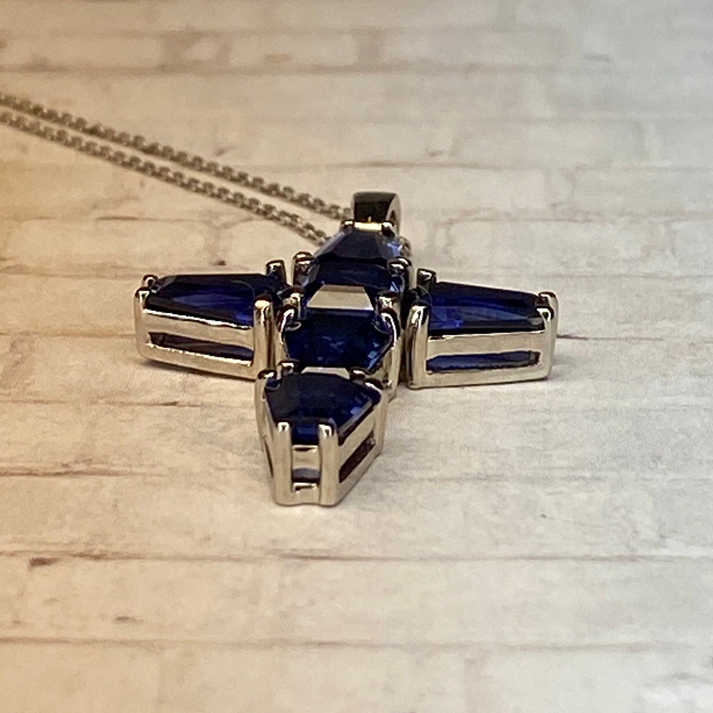 Gold Cross Necklace Women 14K Solid White Gold, Blue Sapphire Cross Pendant Necklace, Birthstone Cross Necklace, Religious Jewelry, #7035