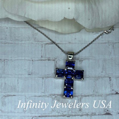 Cross Necklace With Blue Sapphire Stone For Girls, Sapphire Necklace, 14K White Gold, Gold Cross Necklace For Women, Cross Pendant