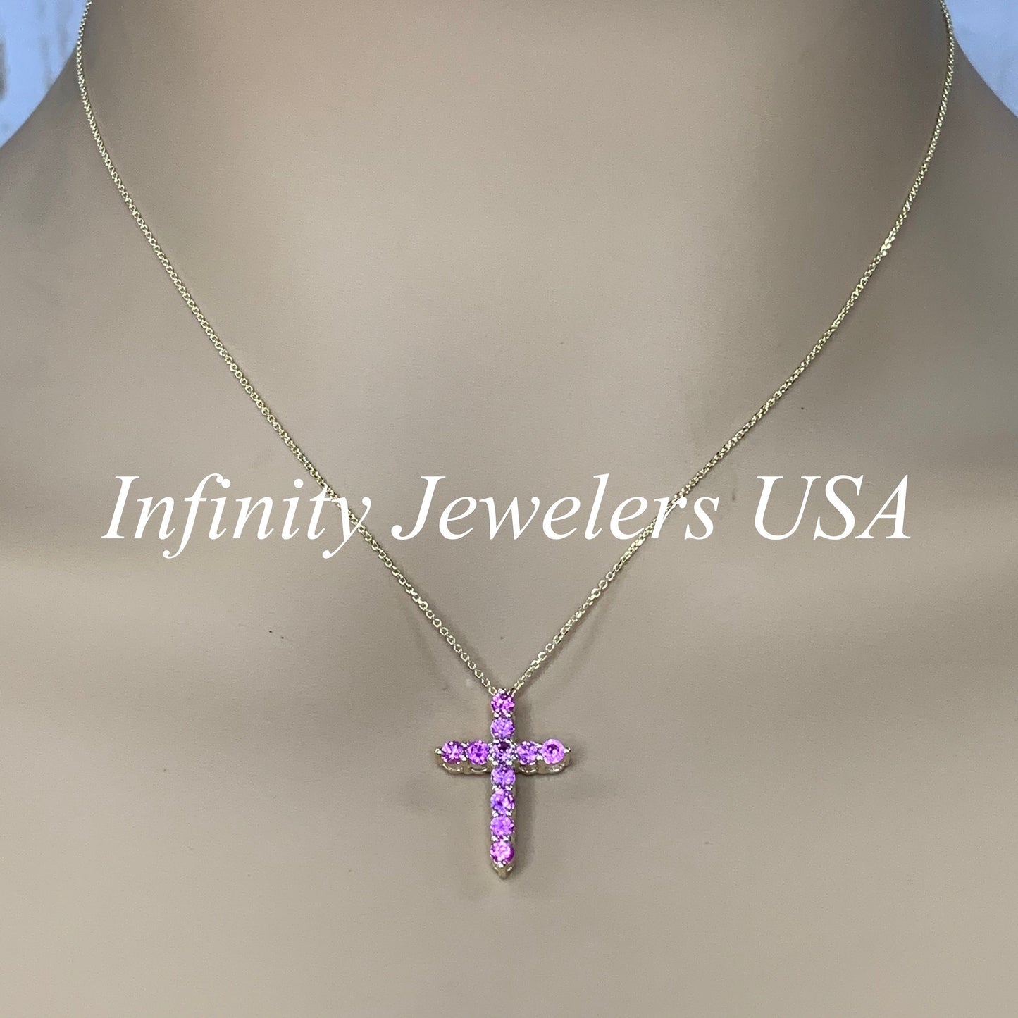 Cross Necklace With Sapphire Stones For Girls, Pink Sapphire Cross Necklace 14K Solid Gold, Pink Sapphire Cross Pendant Gift for Girls