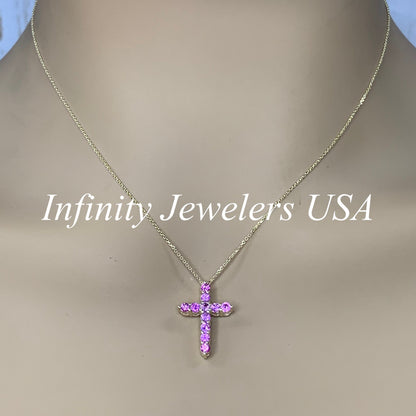 Cross Necklace With Sapphire Stones For Girls, Pink Sapphire Cross Necklace 14K Solid Gold, Pink Sapphire Cross Pendant Gift for Girls