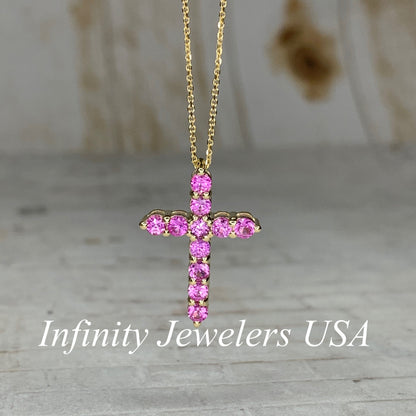 Cross Necklace With Sapphire Stones For Girls, Pink Sapphire Cross Necklace 14K Solid Gold, Pink Sapphire Cross Pendant Gift for Girls