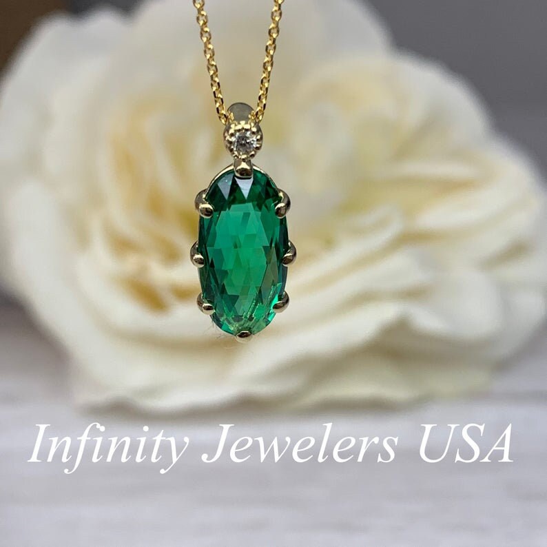 Emerald Pendant, Vintage Style Necklace, Elongated Oval Pendant, Rose Cut Emerald Necklace, Diamond Pendant, 14K Yellow Gold #6913