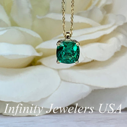 Cushion Cut Ladies Necklace / Green Emerald Bridal Gift / Anniversary Gift / Everyday Necklace / Pendant / 14k White Gold / #6172