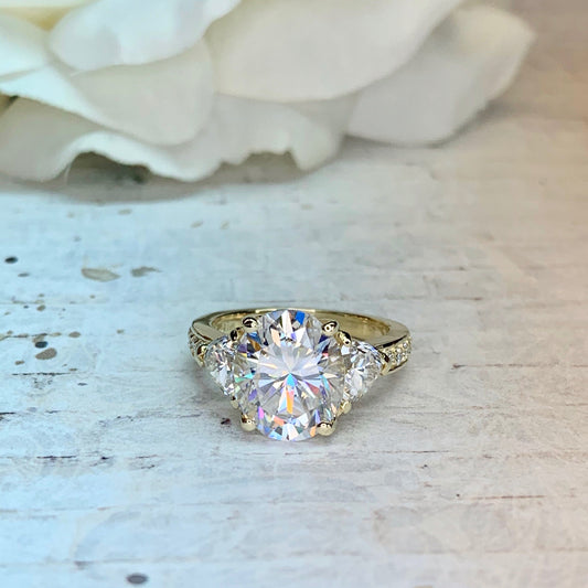 Oval Moissanite Engagement Ring, 14k Yellow Gold Moissanite Cluster Ring, Trillion Cut Accent Stones And Round Moissanite Ring For Her 7074