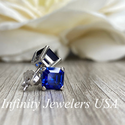 Asscher cut blue sapphire earrings, 2.00ctw screw back earrings  14k white gold