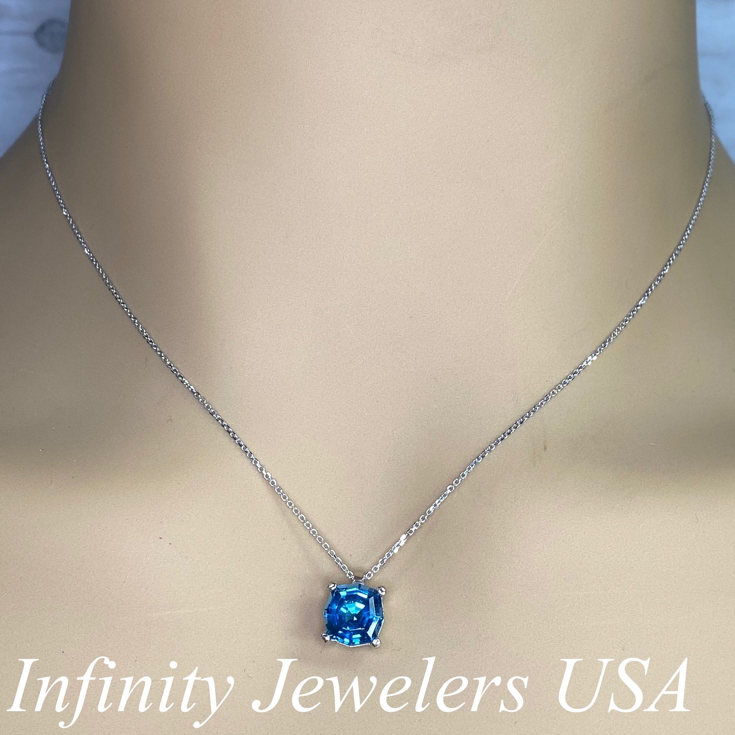 London Blue Sapphire Octagon Ladies Necklace,  14k White Gold Blue Sapphire Web Cut Pendant Necklace For Her, London Blue Pendant,     #6357