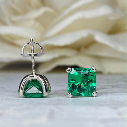 Radiant Cut Stud Earring 14k White Gold, Green Emerald Stud Earrings, Square Earrings White Gold, Unisex Earring Emerald Radiant Cut,  #7066