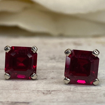 Asscher Cut Ruby Stud Earrings 14K White Gold, Stud Earrings Unisex Gold, Ruby Earrings Gold, Small Ruby Stud Earrings, Holiday Gift