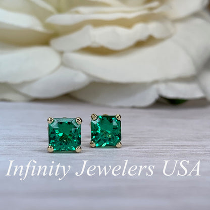 Radiant Cut Studs, Green Emerald Ladies Earring, Engagement Wedding Anniversary Gift, Dainty Jewelry, 14k Yellow Gold Ladies Studs, #6183