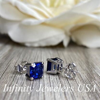 Asscher cut blue sapphire earrings, 2.00ctw screw back earrings  14k white gold