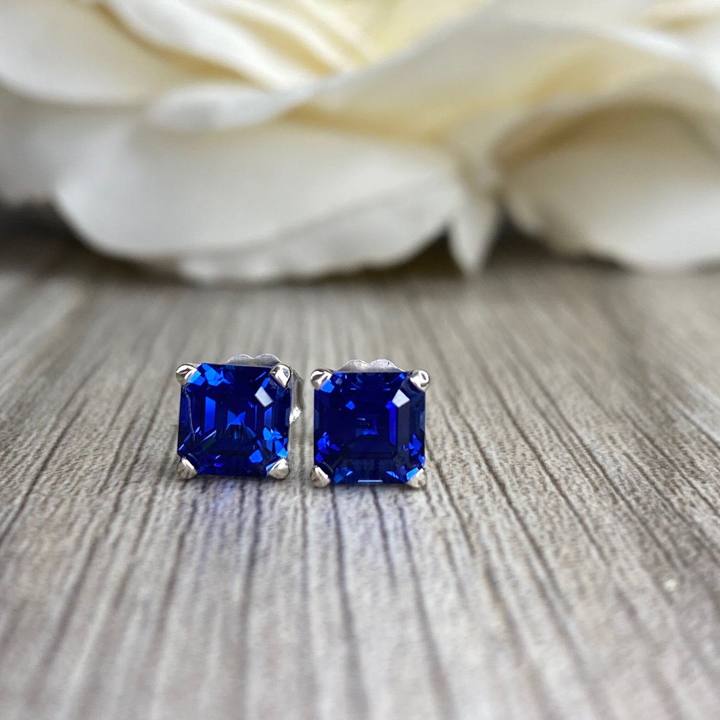 Asscher cut blue sapphire earrings, 2.00ctw screw back earrings  14k white gold