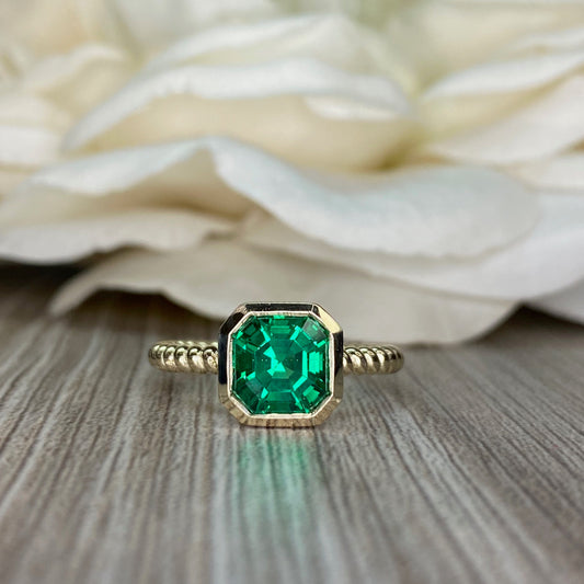 Asscher Cut Green Emerald Solitaire Ladies Everyday Ring, Square Emerald Bezel Set Ring For Her, 14k Yellow Gold May Birthstone Ring