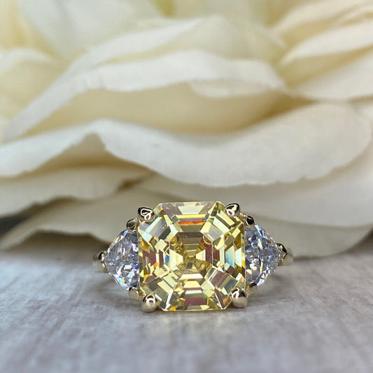 Asscher Cut Engagement Ring For Ladies, 14k Gold Yellow Asscher Cut Ring With Trillion Accents, Yellow Asscher Simulated Diamond Ring