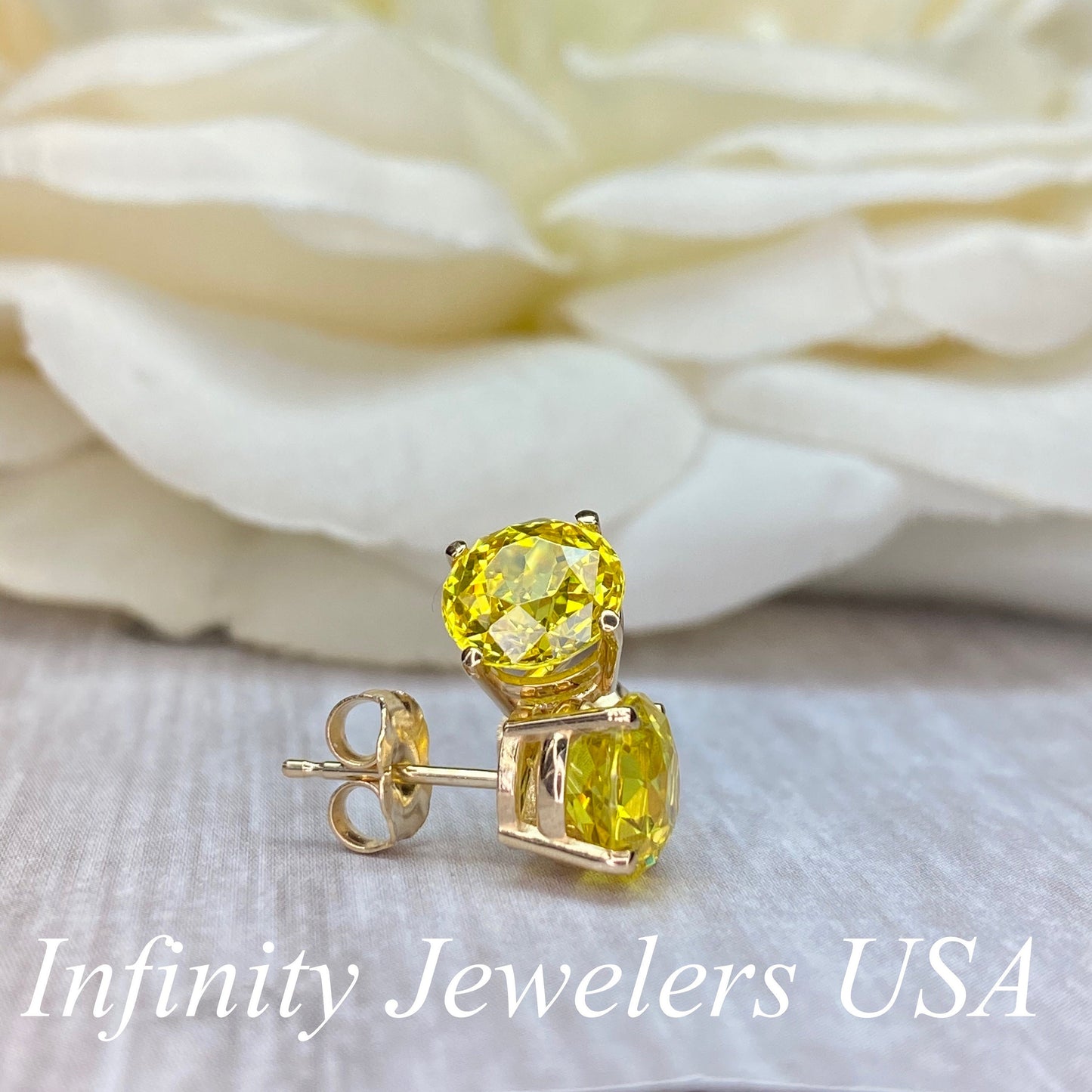 Round Yellow Simulated Diamond Stud Earrings, Intense Yellow Round Studs For Ladies, 14k Yellow Gold Yellow Diamond Engagement Gift    #7104