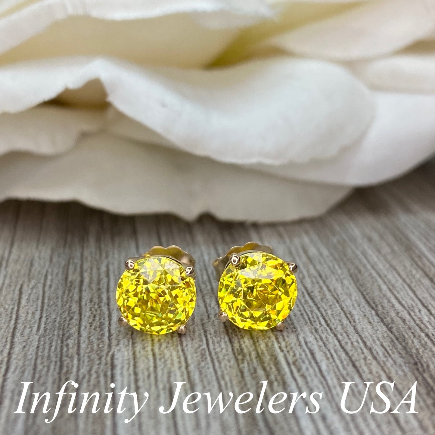 Round Yellow Simulated Diamond Stud Earrings, Intense Yellow Round Studs For Ladies, 14k Yellow Gold Yellow Diamond Engagement Gift    #7104