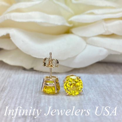 Round Yellow Simulated Diamond Stud Earrings, Intense Yellow Round Studs For Ladies, 14k Yellow Gold Yellow Diamond Engagement Gift    #7104