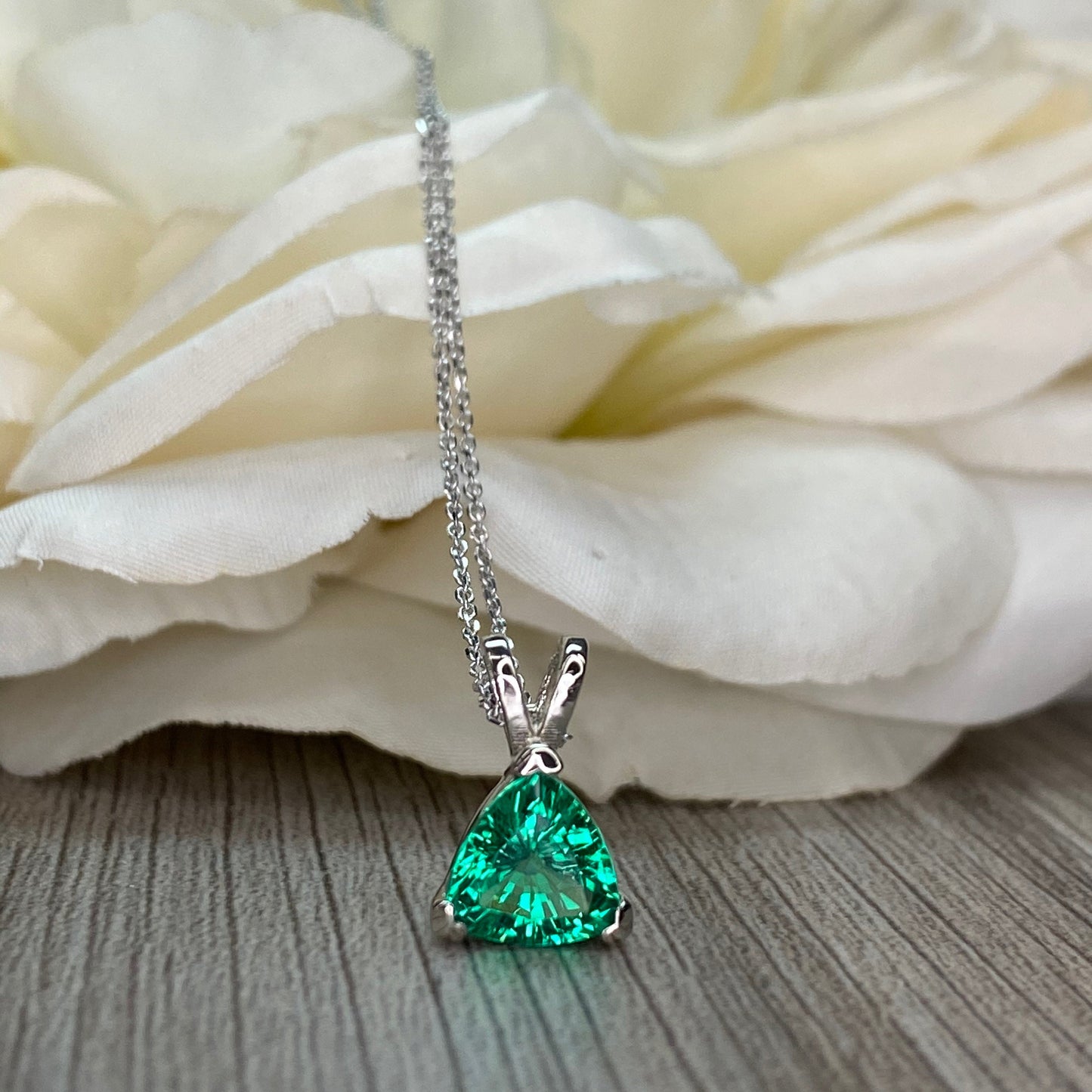 Emerald Trillion Shape Pendant Necklace For Ladies, 14k White Gold Dainty Layering Necklace, Triangle Shape May Birthstone Pendant.    #6074