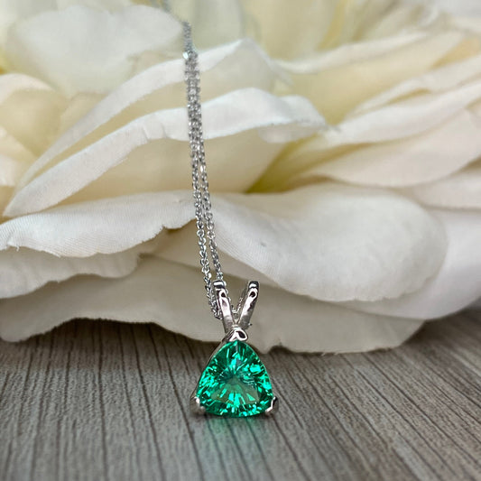 Emerald Trillion Shape Pendant Necklace For Ladies, 14k White Gold Dainty Layering Necklace, Triangle Shape May Birthstone Pendant.    #6074