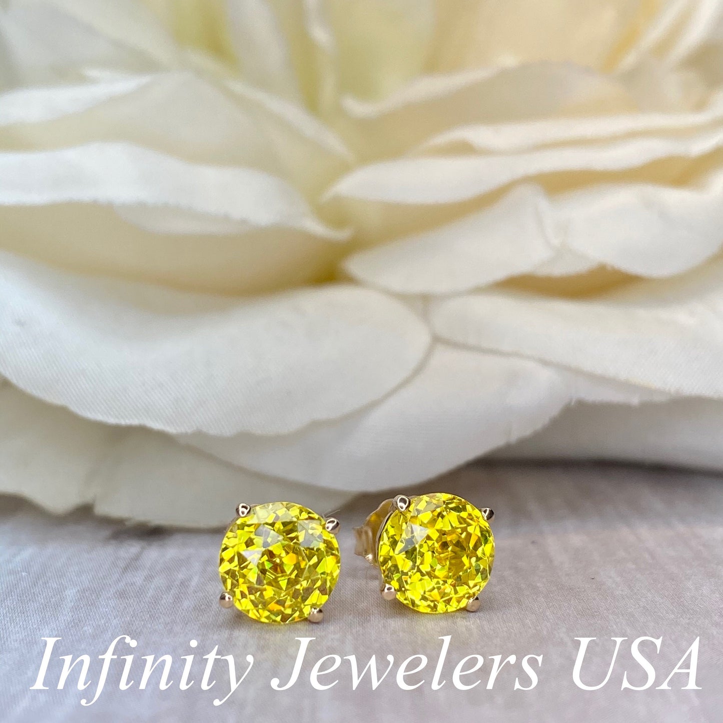 Round Yellow Simulated Diamond Stud Earrings, Intense Yellow Round Studs For Ladies, 14k Yellow Gold Yellow Diamond Engagement Gift    #7104