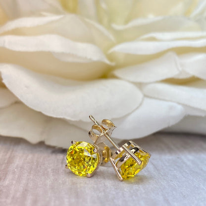 Round Yellow Simulated Diamond Stud Earrings, Intense Yellow Round Studs For Ladies, 14k Yellow Gold Yellow Diamond Engagement Gift    #7104