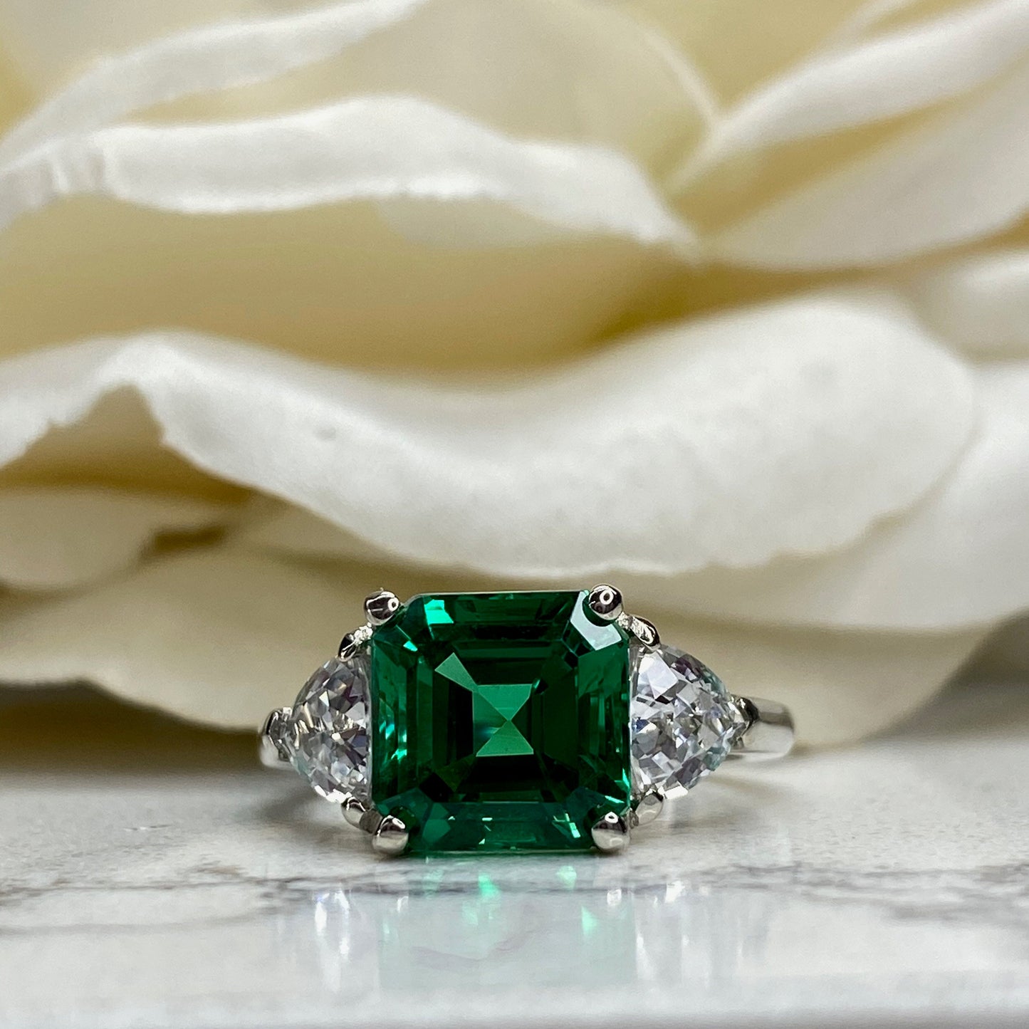 Asscher Cut Emerald And Trillion Moissanite Accents Engagement Ring, 14K White Gold Emerald And Moissanite Three Stone Wedding Ring