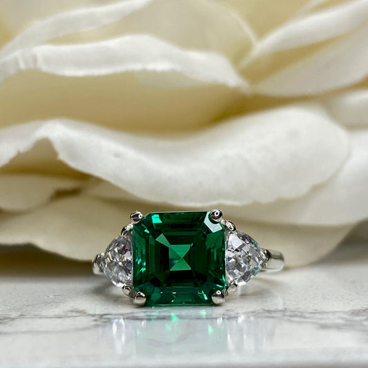 Asscher Cut Emerald And Trillion Moissanite Accents Engagement Ring, 14K White Gold Emerald And Moissanite Three Stone Wedding Ring