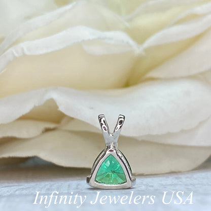 Emerald Trillion Shape Pendant Necklace For Ladies, 14k White Gold Dainty Layering Necklace, Triangle Shape May Birthstone Pendant.    #6074