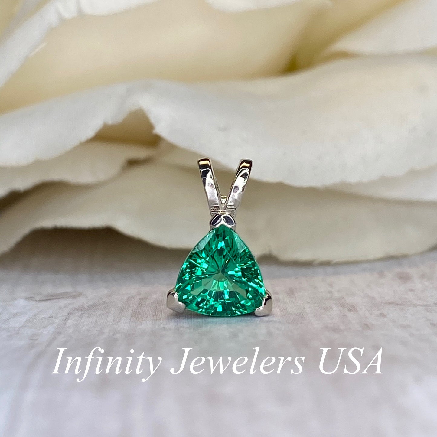 Emerald Trillion Shape Pendant Necklace For Ladies, 14k White Gold Dainty Layering Necklace, Triangle Shape May Birthstone Pendant.    #6074