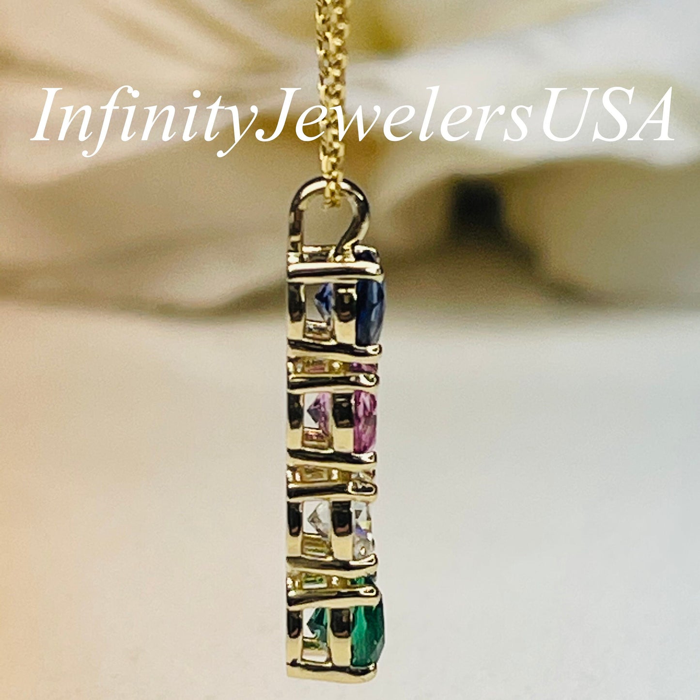 Mama Necklace Four Stone Birthstone Pendant Necklace 14K Yellow Gold, Birthstone Necklace for Mom, Bar Necklace Multi Stone Pendant    #7112