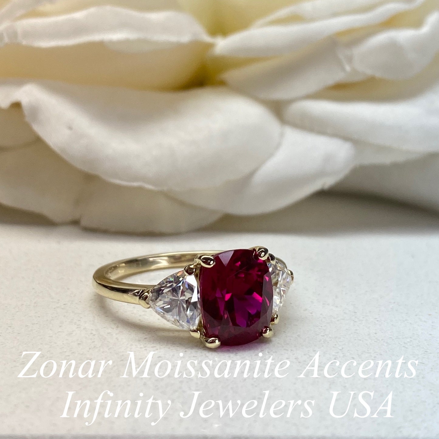 Ruby Cushion Cut And Moissanite Engagement Ring, Three Stone Ruby And Moissanite Ring, 14k Gold Elongated Cushion Cut Ruby Ring   #6853