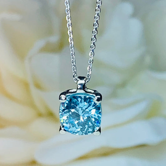 Aquamarine Pendant Necklace 14K Solid White Gold Cushion Cut For Ladies, Light Blue Aquamarine Dainty Necklace Mothers Day Gift Idea