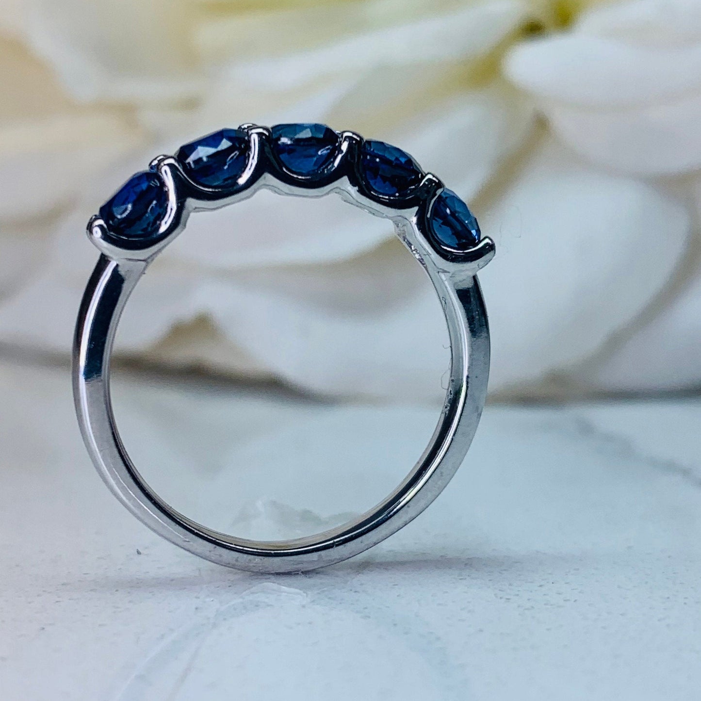 5 Stone Round Blue Sapphire Wedding Band 14K Solid White Gold For Ladies, Blue Sapphire Stacking Ring,Sapphire Wedding Band For Women