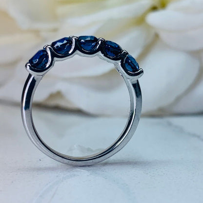 5 Stone Round Blue Sapphire Wedding Band 14K Solid White Gold For Ladies, Blue Sapphire Stacking Ring,Sapphire Wedding Band For Women